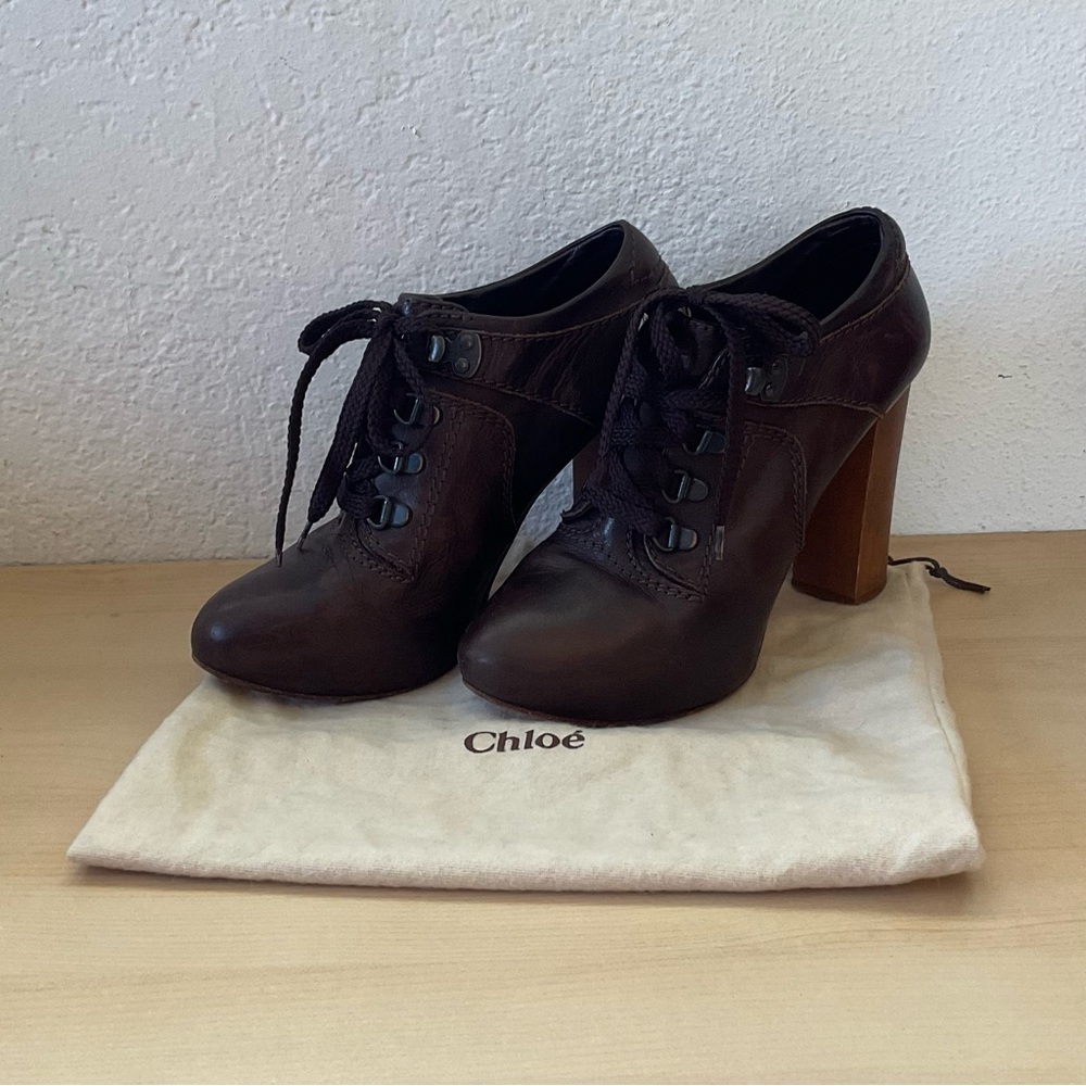 Brown Leather Chloe High Heel Booties, size 7.5-8